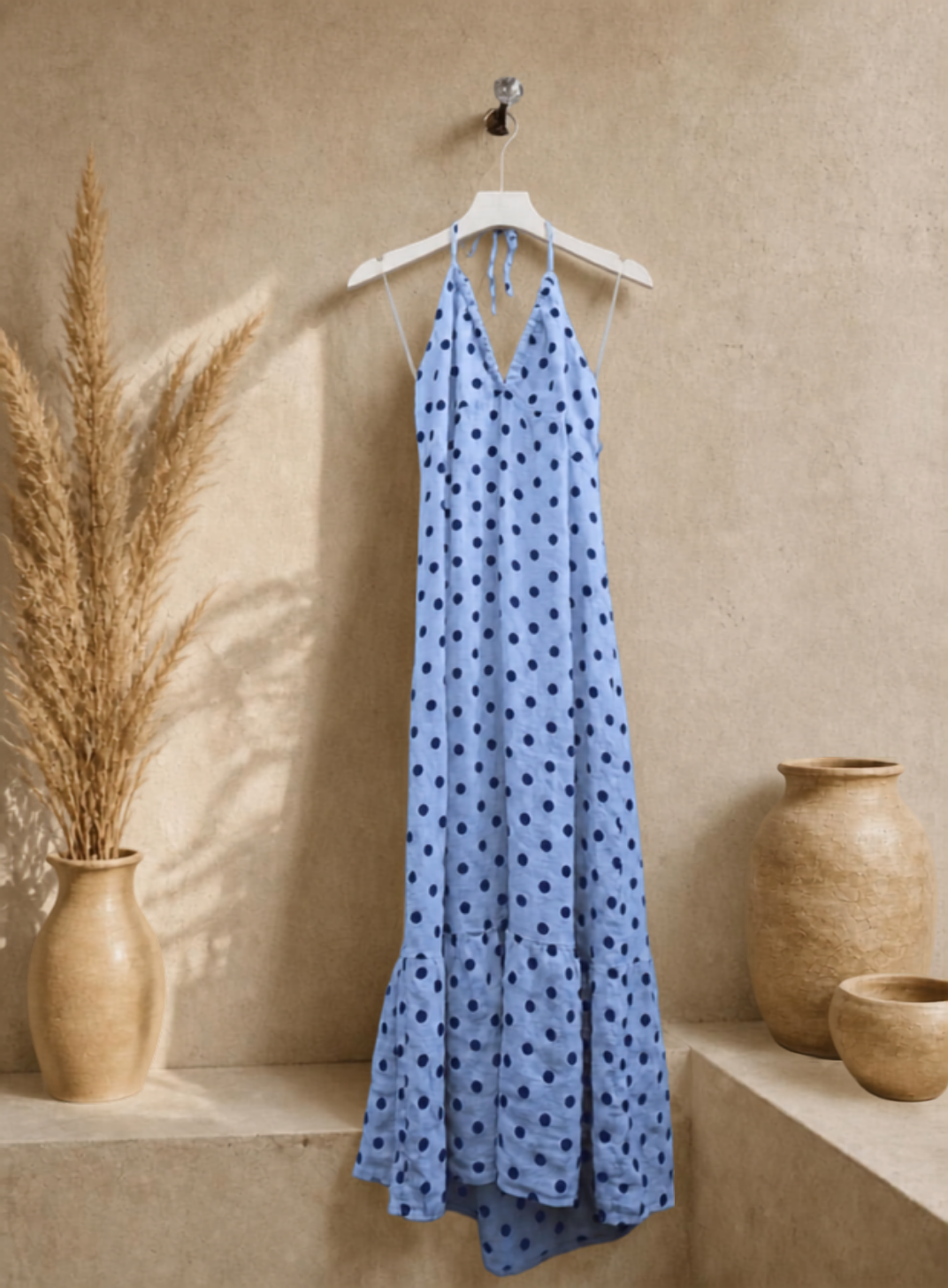 Blue Polkadot Long Linen Dress
